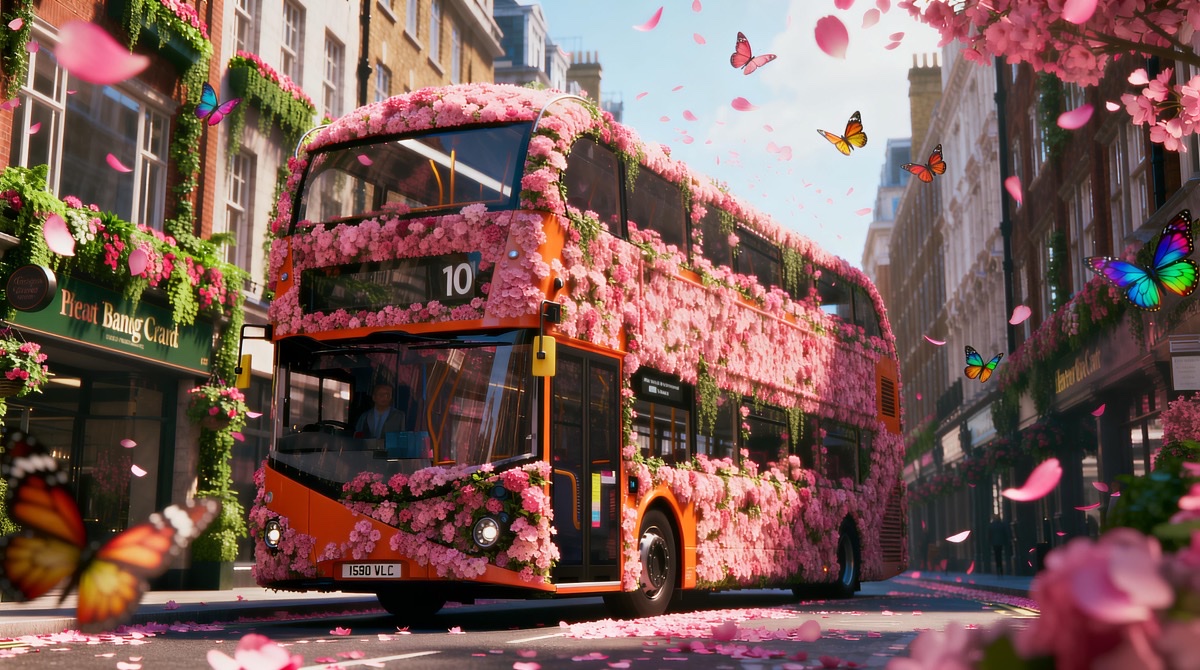 Flower-covered double-decker bus