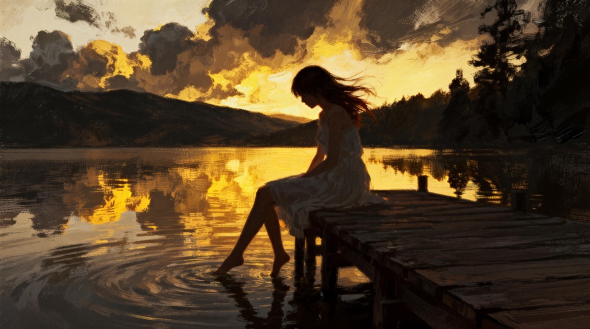 Girl on dock at sunset – impasto painting