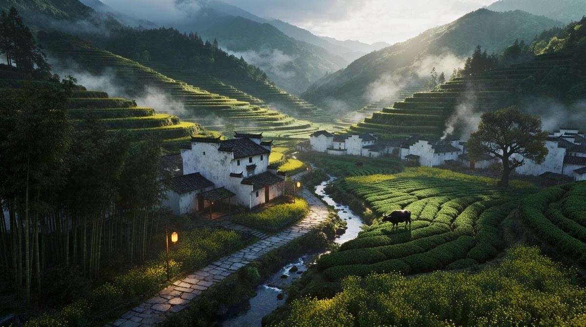 Chinese village with terraced fields