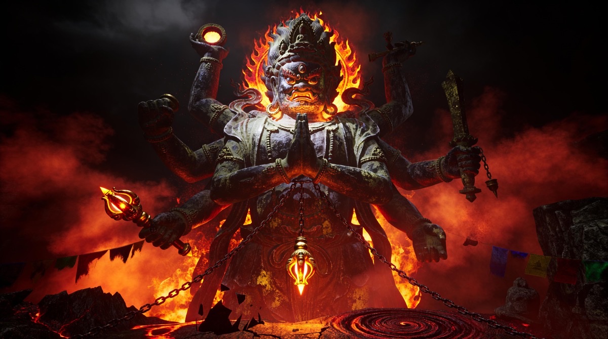 Wrathful deity colossus engulfed in flames